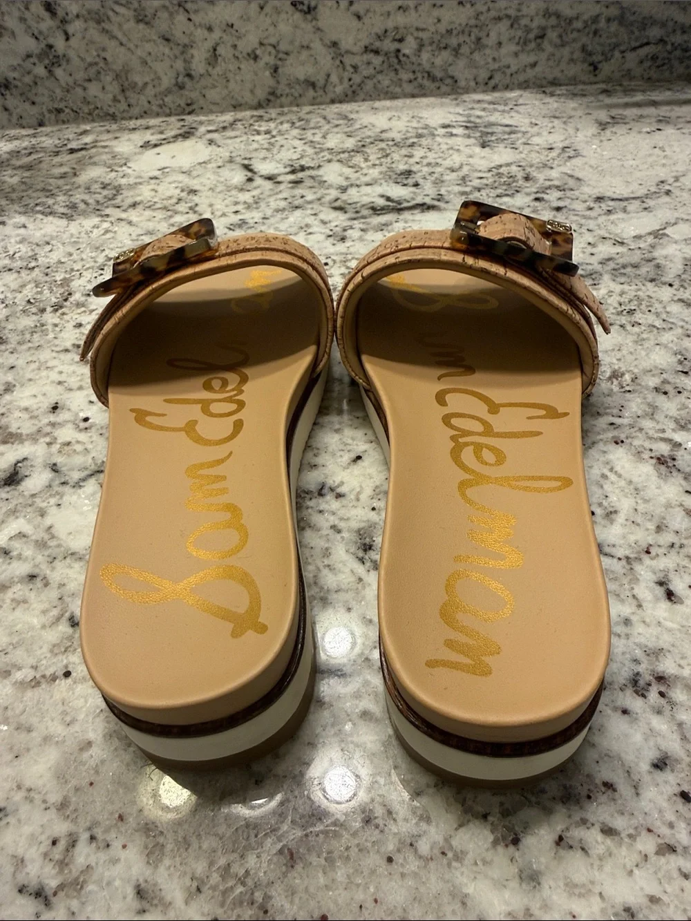 Sam Edelman Tan Cork Slide Sandals with Tortoiseshell Buckles - Picture 2 of 3